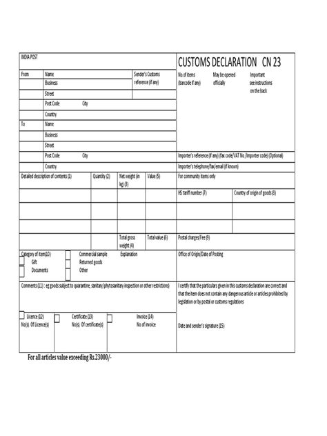 Customs Declaration Form Cn23 Customs Mail