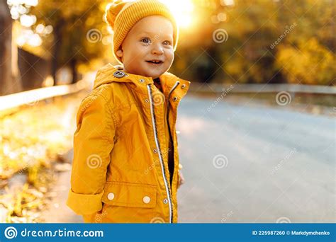 Happy Little Child Walking In Autumn Park With Autumn Yellow Leaves