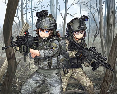 Safebooru Girls Aiming Assault Rifle Camouflage Commentary Request