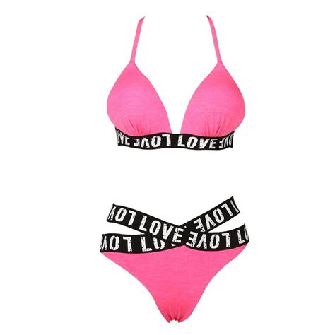 Sexy Pink Alphabet Cross Bikini 2017 Bandage Brazilian Swimsuit Women Padded Swimwear Bikini Set