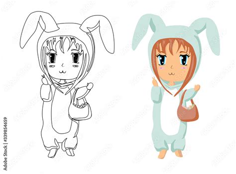 Vector Anime Character In Rabbit Kigurumi Outline And Colored Cute