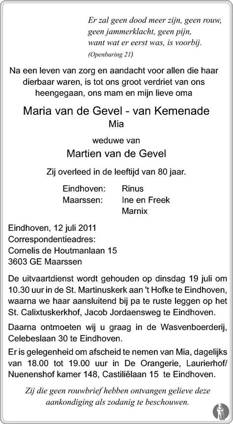 Maria Mia Van De Gevel Van Kemenade 12 07 2011 Overlijdensbericht En Condoleances