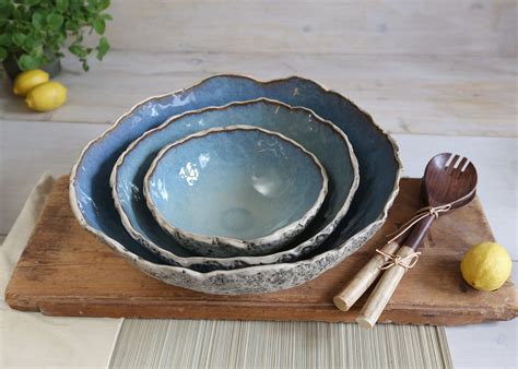 Set Of 3 Handmade Ceramics Large Serving Bowls Salad Bowls Etsy