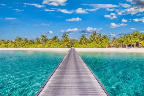 Maldivas Paisaje Tropical Muelle De Madera Sobre La Laguna De La Bahía