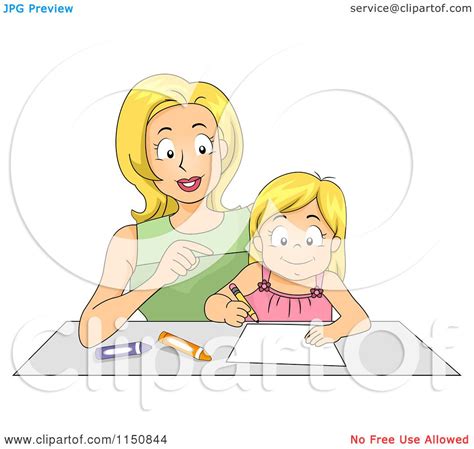 Cartoon Of A Mother Helping Her Daughter How To Write A Letter Royalty Free Vector Clipart By