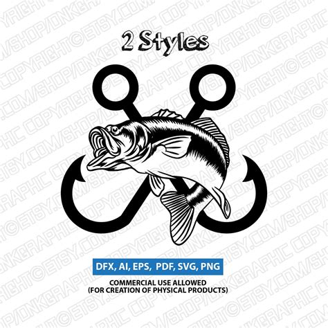 Styles Jumping Bass Fish And Hook Fishing Svg Silhouette Etsy