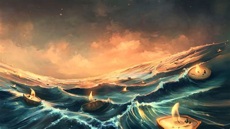 Desktop Wallpaper Candles Waves Sea Fantasy Hd Image Picture