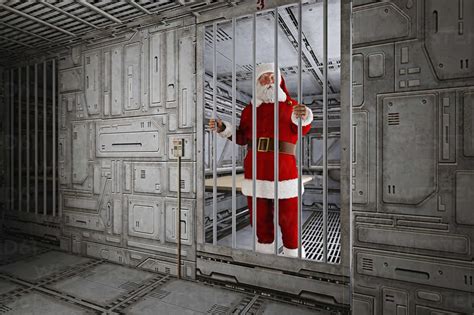 Santa Standing In Futuristic Jail Cell Stock Photo