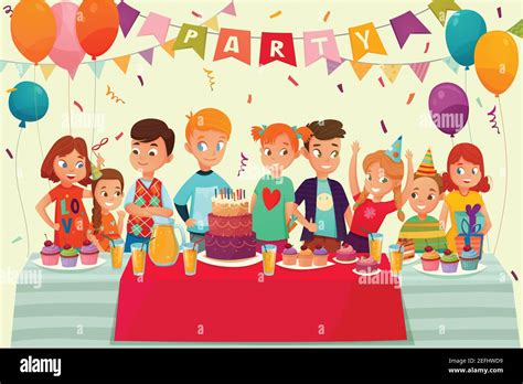 Cartoon Kids Party Poster With Big Table Sweets And Ts On Birthday