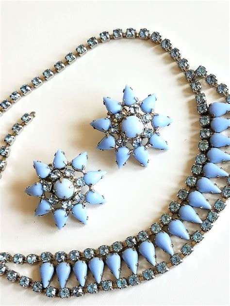 Vintage Blue Necklace And Earring Set Blue Milk Glass And Rhinestones