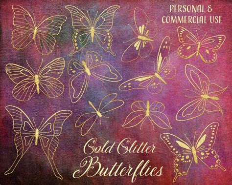 Gold Glitter Butterfly Clipart Hand Drawn Butterflies Etsy