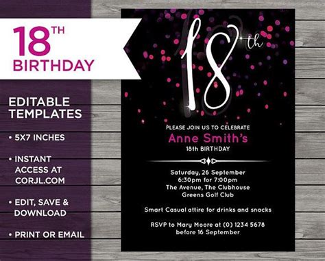 Pink 18th Birthday 18th Birthday Invitation Invitation Template 18th