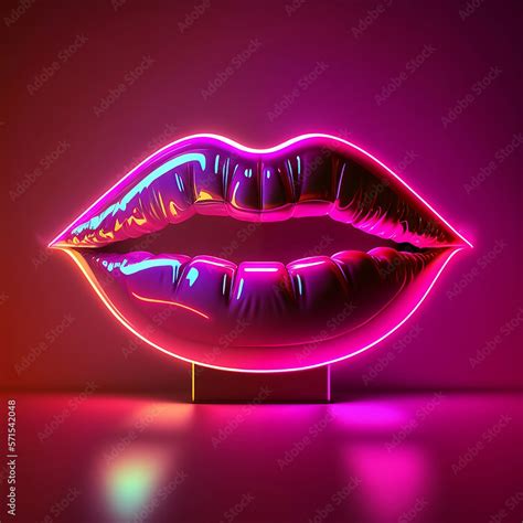 Neon Lips With Backlight On The Dark Background Glossy Lips Concept