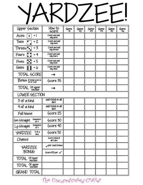 This Listing Is For A Yardzee Score Card Printable File With The