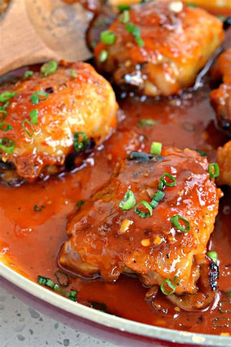 A dash of cayenne pepper keeps the sticky glaze for this chicken thigh recipe from being too sweet. One-Skillet Apricot Chicken Recipe | Small Town Woman