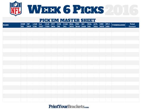 Nfl Week 6 Picks Master Sheet Grid