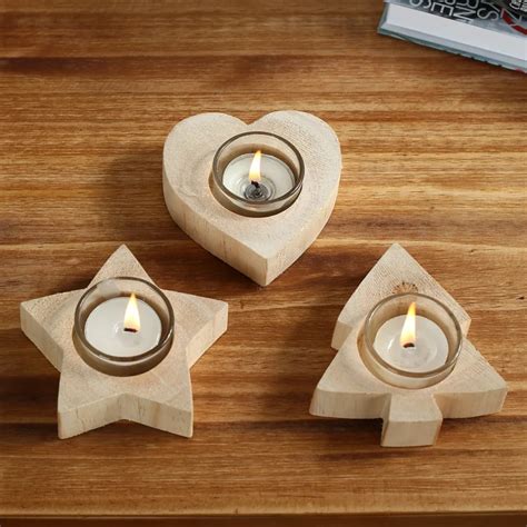 3pcsset Handmade Wooden Tealight Candle Holder Heart Star Tree Shape