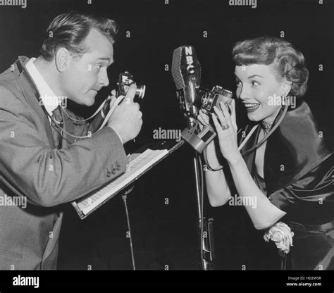 From Left Red Skelton Janet Blair Snapping Pictures Of Each Other At Rehearsal Of The Fuller
