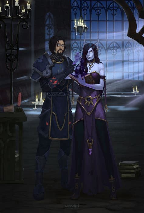 Two People Dressed In Costumes Standing Next To Each Other On A Dark