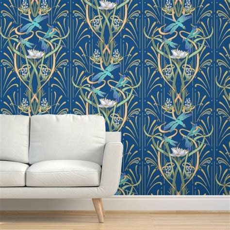 Art Nouveau Dragonflies Classic Blue Wallpaper Spoonflower