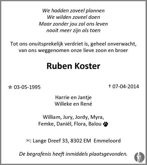 Ruben Koster 07 04 2014 Overlijdensbericht En Condoleances Mensenlinqnl