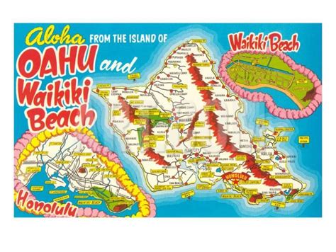 Image Oahu Hawaii Map Waikiki Beach Honolulu Hawaii Art Print Travel Canvas Tourist Map