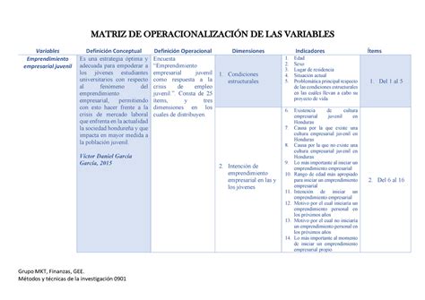 Matriz De La Operacionalización De La Variable Grupo Mkt Finanzas Gee Métodos Y Técnicas De