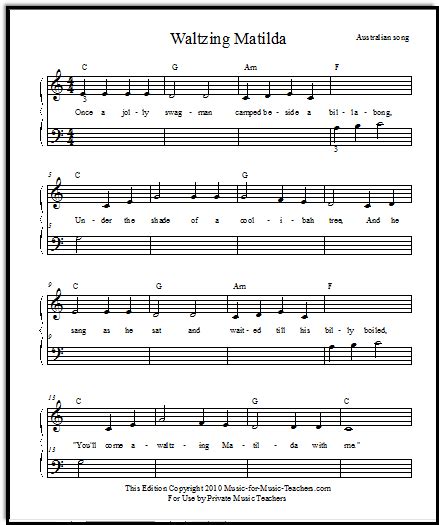 Browse through our free piano sheet music collection and play your favorite song. Free popular sheet music "Waltzing Matilda" for beginner piano students. Download this pretty ...