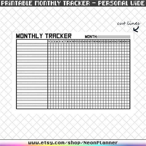 Printable Monthly Tracker Personal Wide Minimalist Etsy