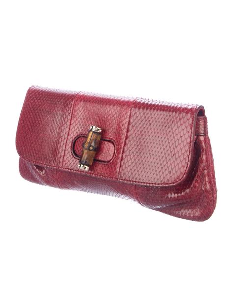 Gucci Red Snakeskin Exotic Bamboo Evening Foldover Envelope Flap Clutch