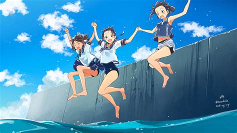 anthropomorphism barefoot black hair brown hair clouds fubuki kancolle green eyes hayasui