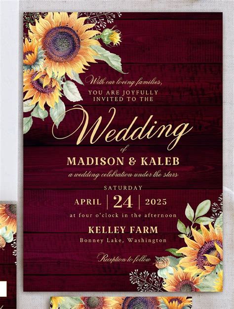 Sunflower Rustic Burgundy Wedding Invitation Suite Country Etsy Fall