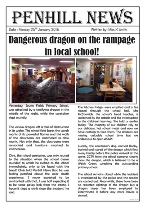 Newspaper articles are an integral part of journalist writing. Dragon sighting newspaper report by ROSO28 - Teaching Resources - Tes