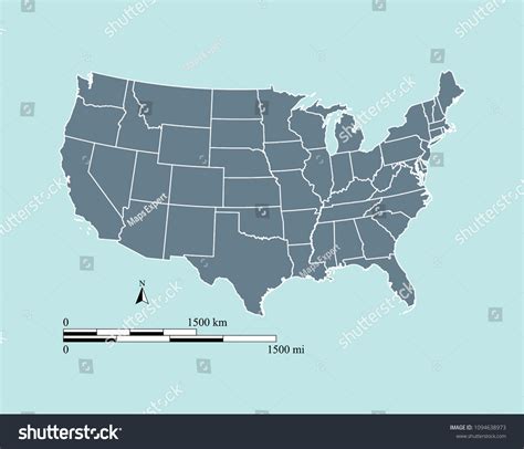 Vektor Stok Usa Map Vector Outline Miles Kilometers Tanpa Royalti