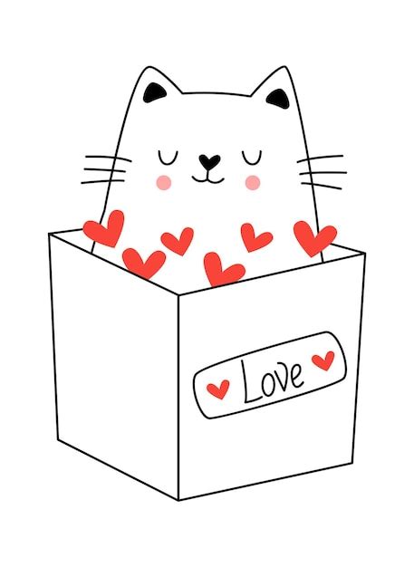 Premium Vector Cute Cat On Box With Hearts Contemporary Line Art Element