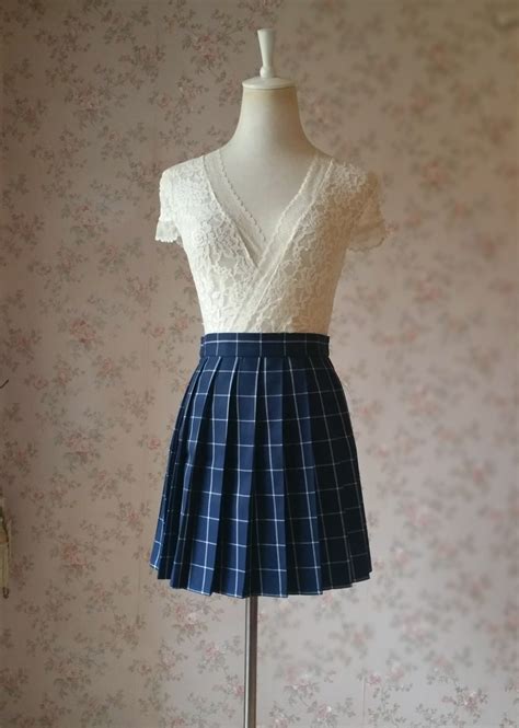 Navy Blue Plaid Skirt Pleated Plaid Skirt School Mini Plaid Skirt Us0 Us16