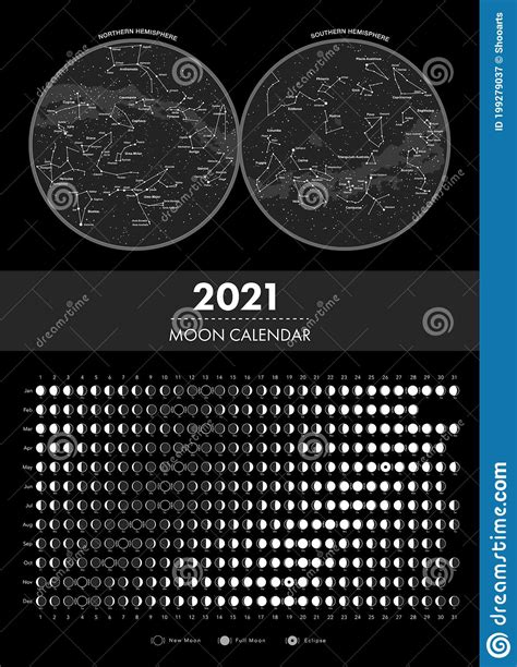 2021 Moon Phases Calendar And Hemisphere Star Map Vector Stock Vector