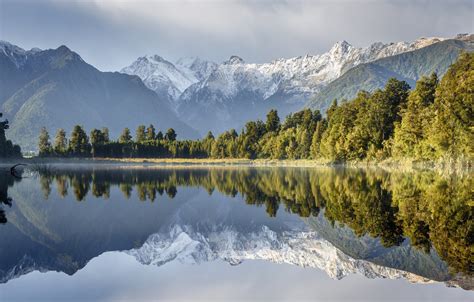 Wallpaper Trees Mountains Lake Reflection New Zealand New Zealand
