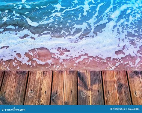 Wooden Deck Waterfront Floor Background Texture And Blue Sea Water