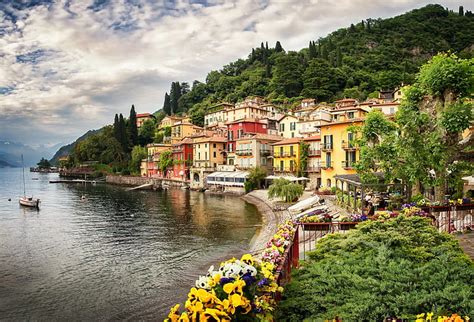 Hd Wallpaper Lake Como Flower Painting Italy Water Tree Europe