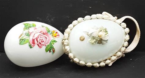 2 Antique Blown Milk Glass Easter Eggs Hand Decorated Etsy