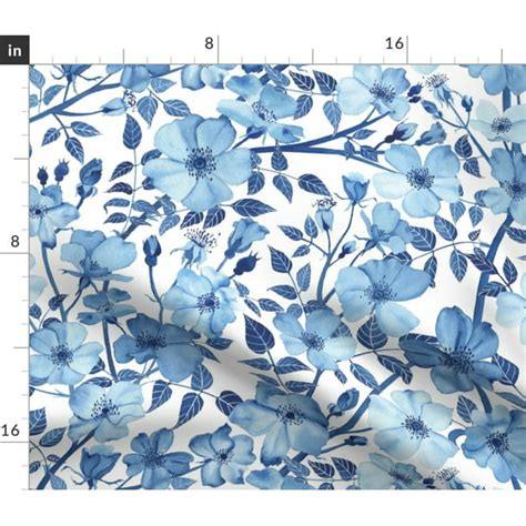 Blue Roses Floral White Rose Garden Watercolor Fabric Printed By
