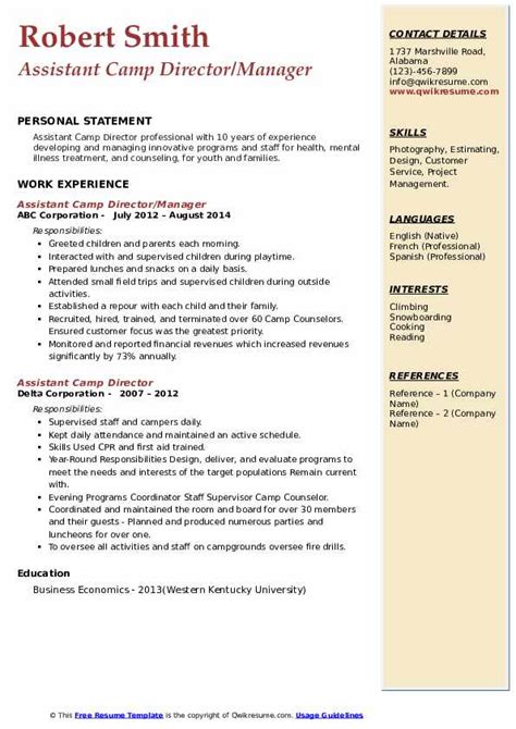 Assistant Camp Director Resume Samples Qwikresume