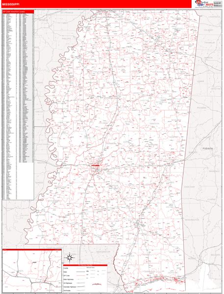 Mississippi Zip Code Wall Map Red Line Style By Marketmaps Mapsales