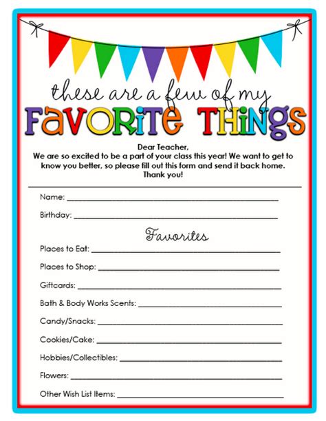 My Favorite Things Teacher Printable