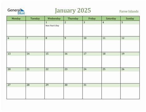 January 2025 Faroe Islands Monthly Calendar With Holidays