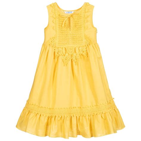 Mayoral Girls Yellow Cotton Lace Dress Childrensalon Outlet