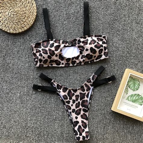 Sexy Leopard Print Micro Spagetti Strap Push Up Bikini Set Low Cut Bikinis Women Thong Swimwear