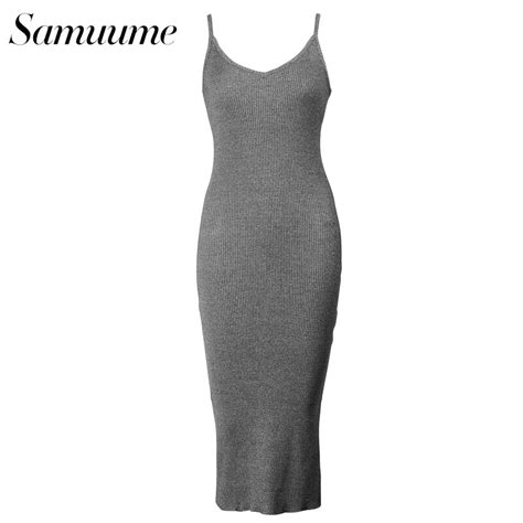 Samuume Sexy V Neck Bodycon Dress Women 2017 Spaghetti Strap 10 Colors Side Slit Knitted Midi