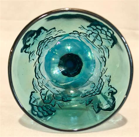Antique Iridescent Blue Carnival Glass Goblet With Grapevine Pattern
